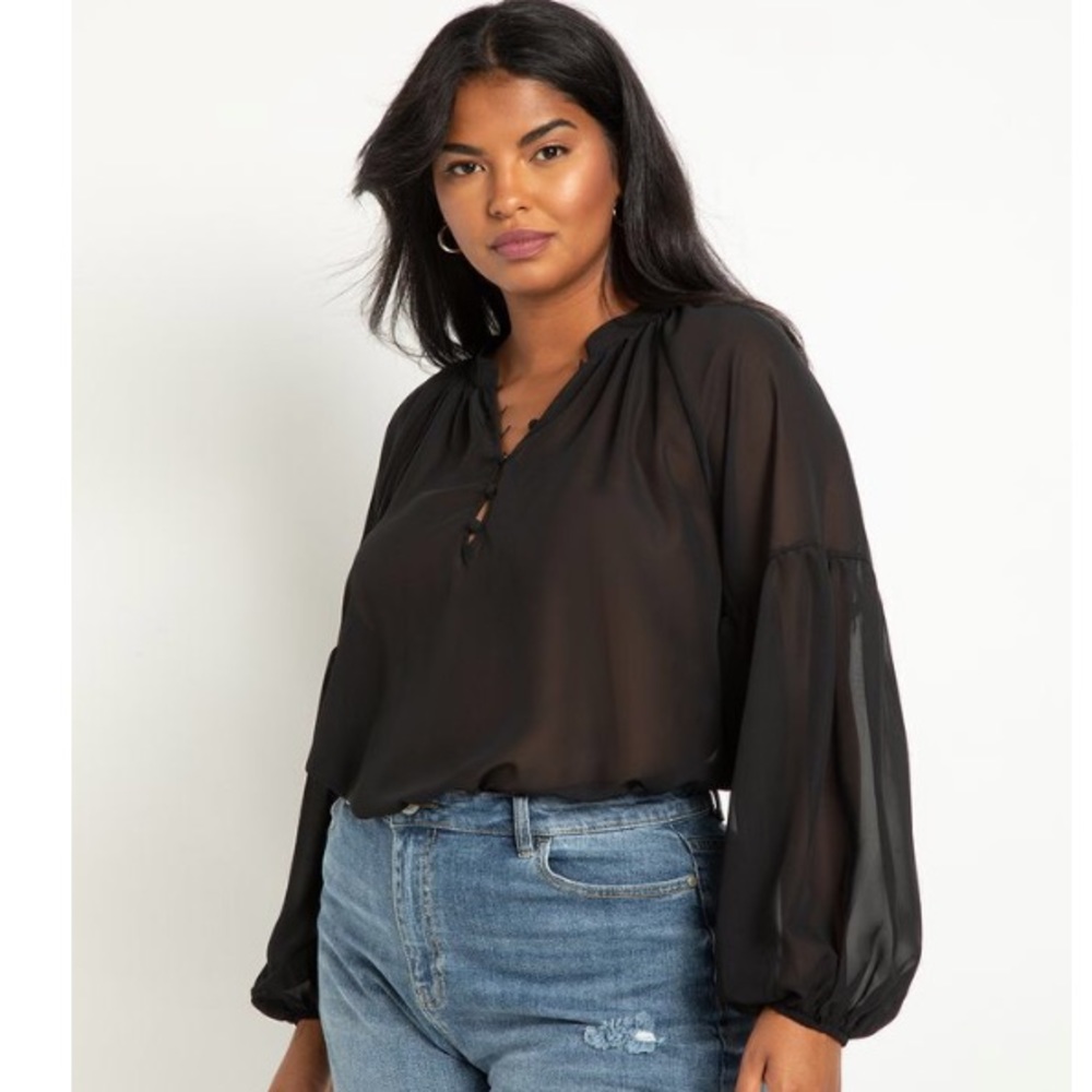 Black Raglan Sleeve Top with Button Detail. Size 16.